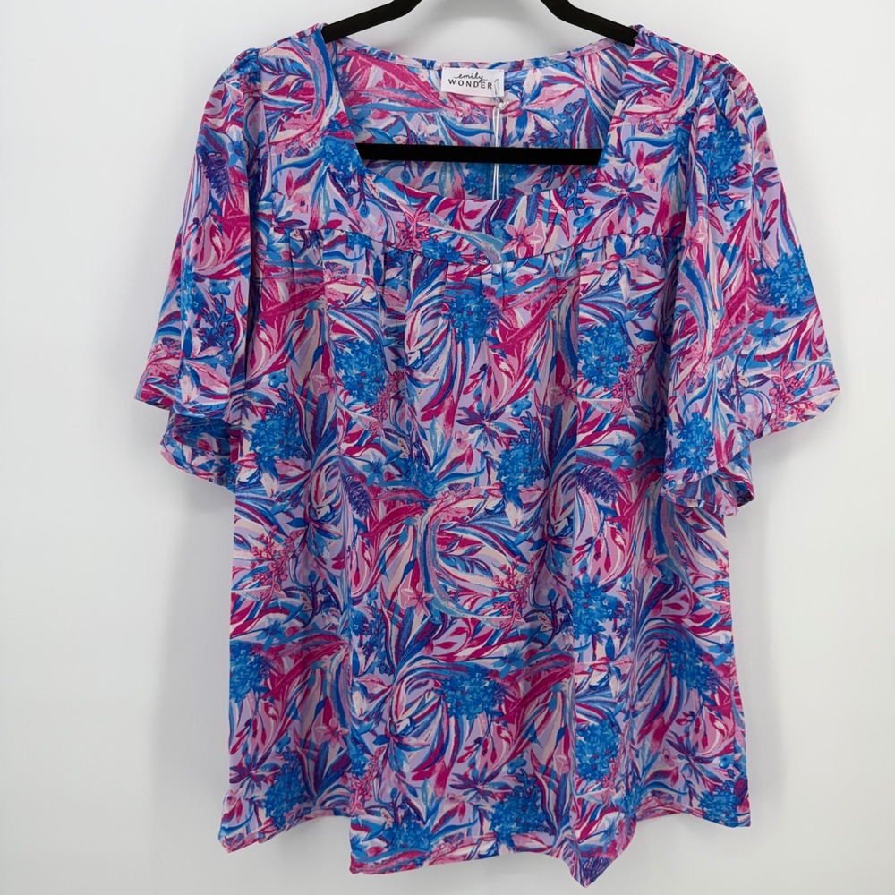 Emily Wonder Women Pink Blue Tropical Floral Square Neck Flutter Sleeve Blouse L